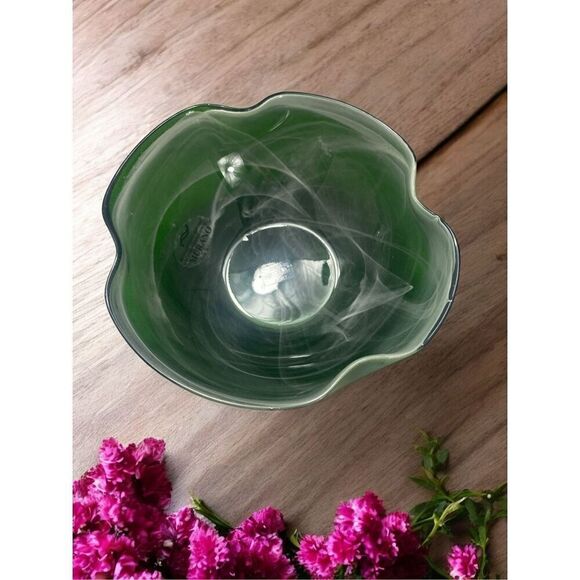 Murano Glass EMERALD Green White Wavey Rim Large Deep Bowl Vase Table Decor New - Picture 3 of 7
